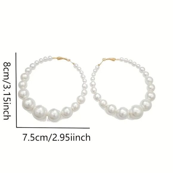 Full Faux Pearl Decor Hoop Earrings Elegant Classic Style Delicate - Picture 4 of 6